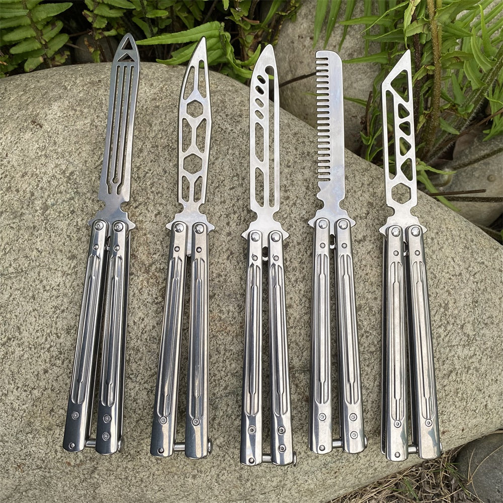 Stainless Steel Sword Comb Head Blunt Blade Balisong Butterfly Knife Trainer
