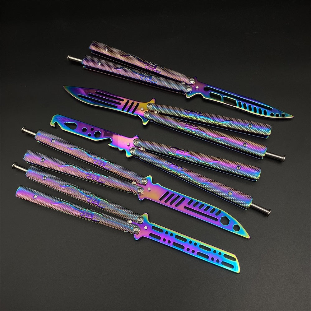 Stainless Steel Rainbow Color Scorpion Relief  Blunt Blade Balisong Butterfly Knife Trainer