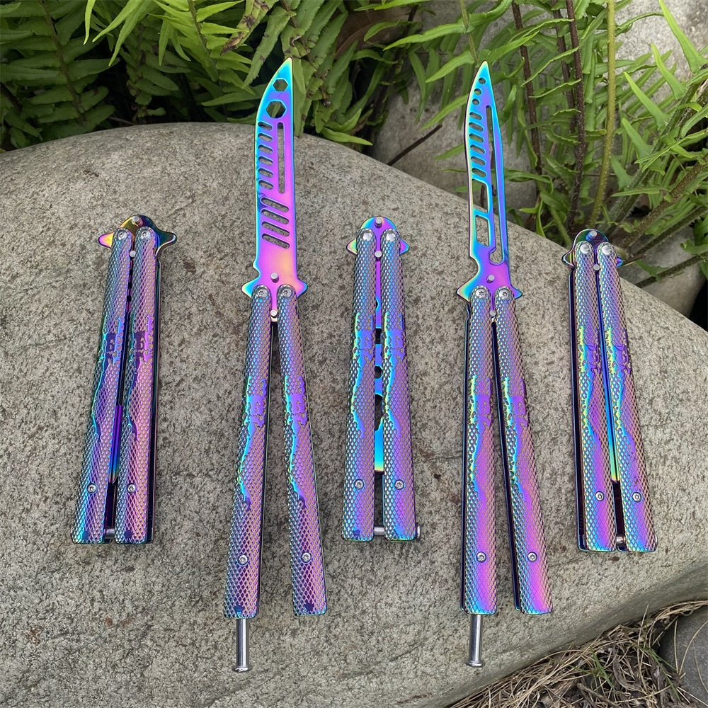 Stainless Steel Rainbow Color Scorpion Relief  Blunt Blade Balisong Butterfly Knife Trainer