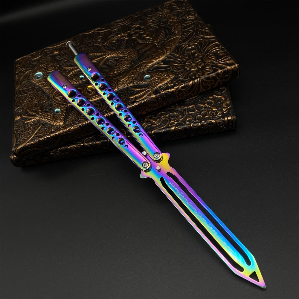 Stainless Steel Blunt Blade Rainbow Color Sword Head Comb Balisong Training Knife EDC