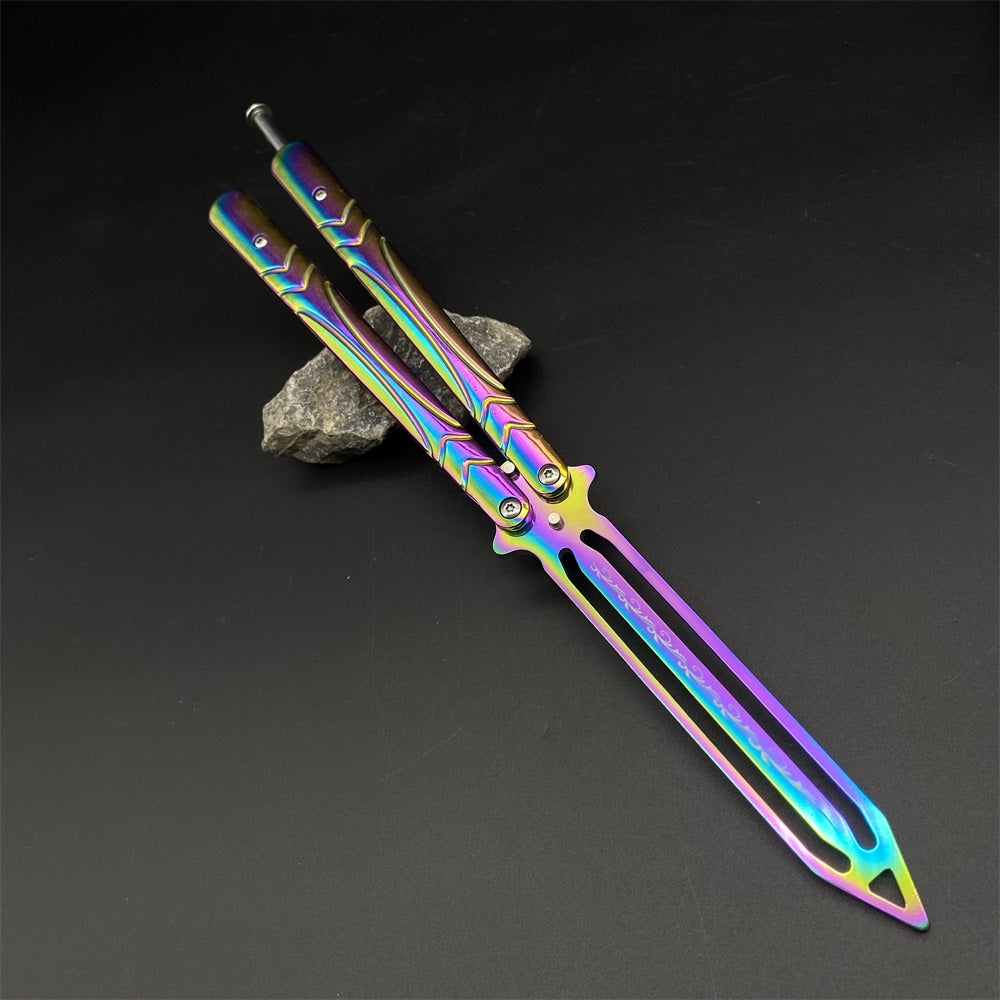 Stainless Steel Blunt Blade Rainbow Color Sword Head Comb Balisong Training Knife EDC