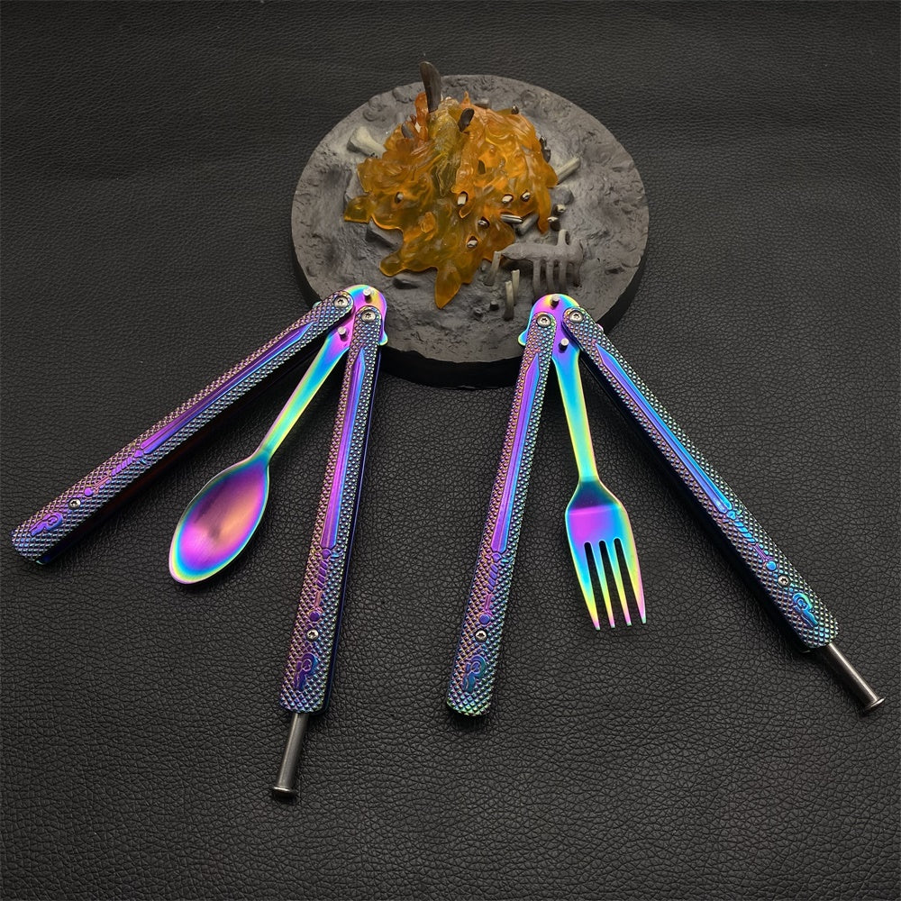 Stainless Steel  Rainbow Fork Spoon Balisong Butterfly Trainer 