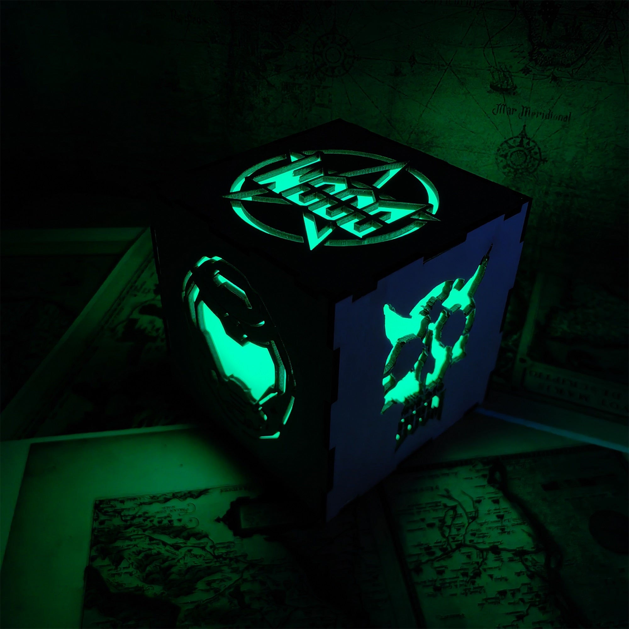 Doomguy Helmet Satan Pattern Wood Cube Light Desk Decor