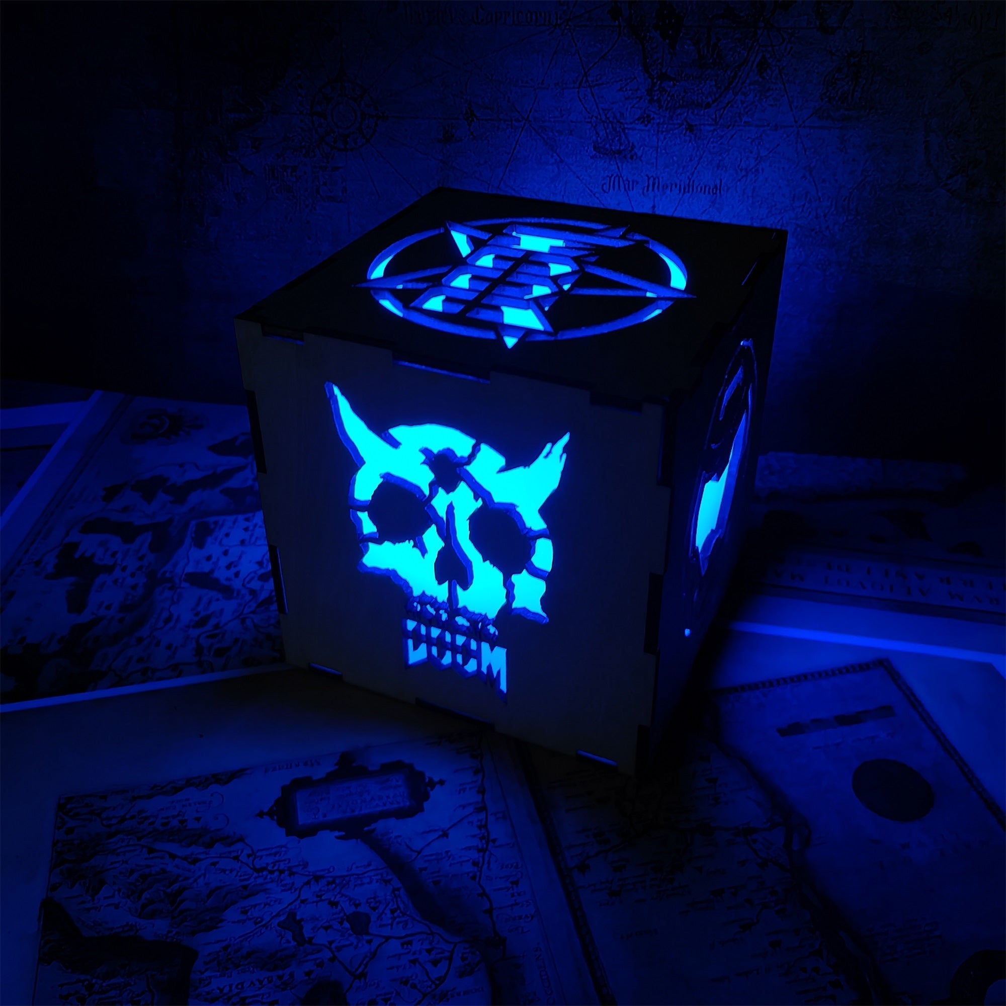 Doomguy Helmet Satan Pattern Wood Cube Light Desk Decor