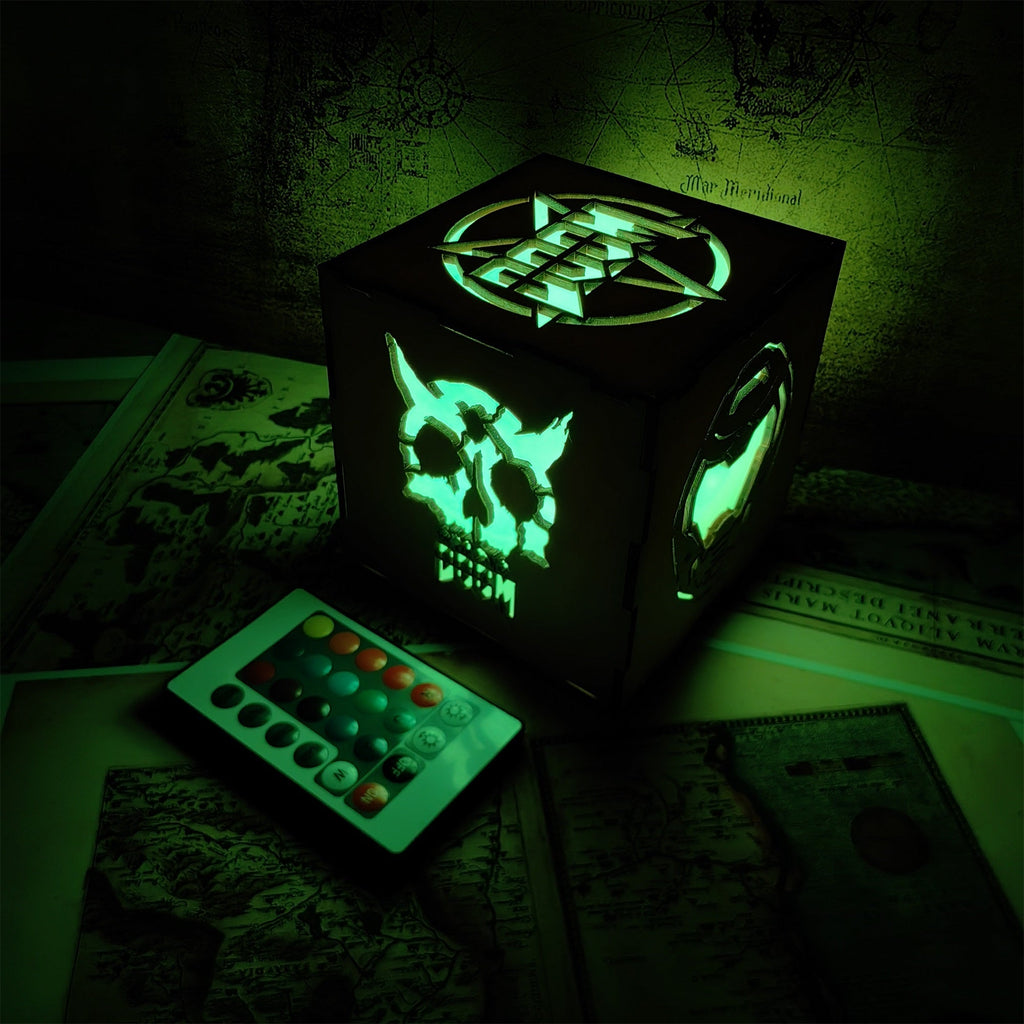 Doomguy Helmet Satan Pattern Wood Cube Light Desk Decor