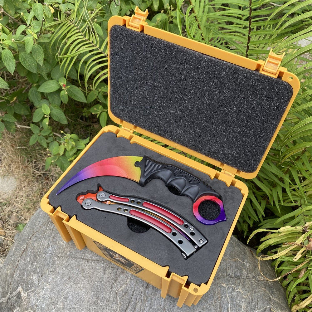 Fade Blunt Blade Karambit Trainer & Balisong Butterfly Knife Trainer 2 in 1 Pack Gift Box