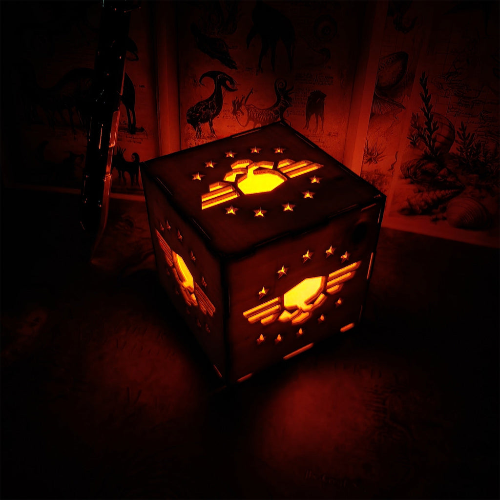 Winged Skull Badge Wood Cube Light Desk Decor