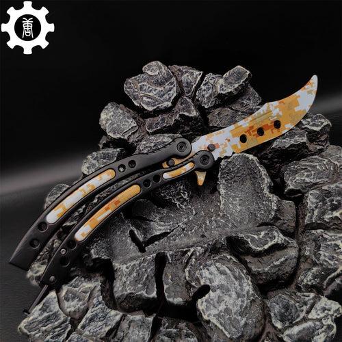 Balisong Métal Camouflage Désert – Couteau Papillon de Collection