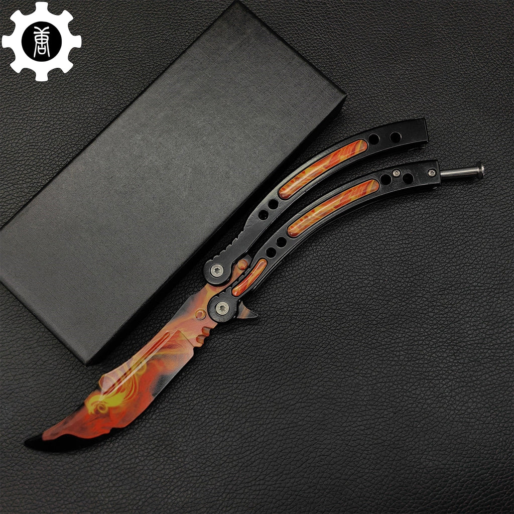 Fiery Phoenix Skin Metal Balisong Game Butterfly Knife 