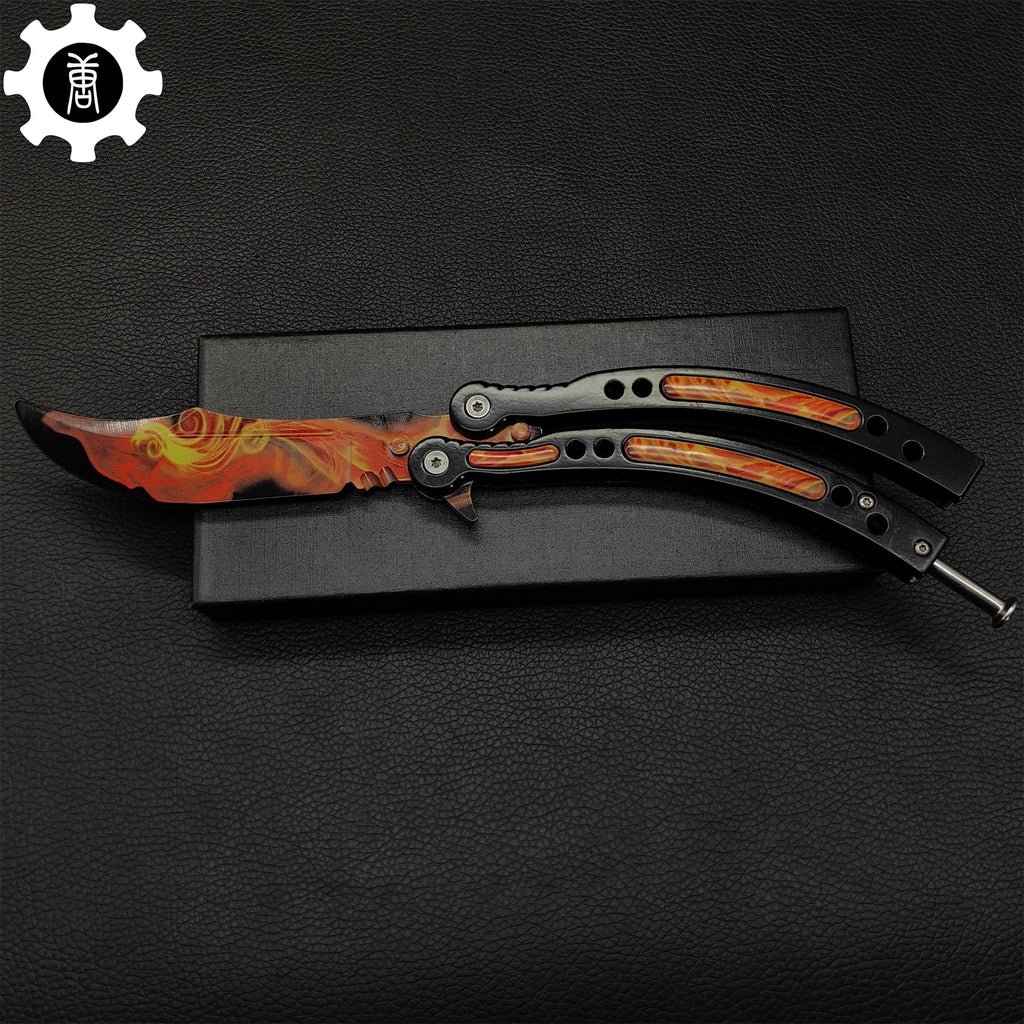 Fiery Phoenix Skin Metal Balisong Game Butterfly Knife 