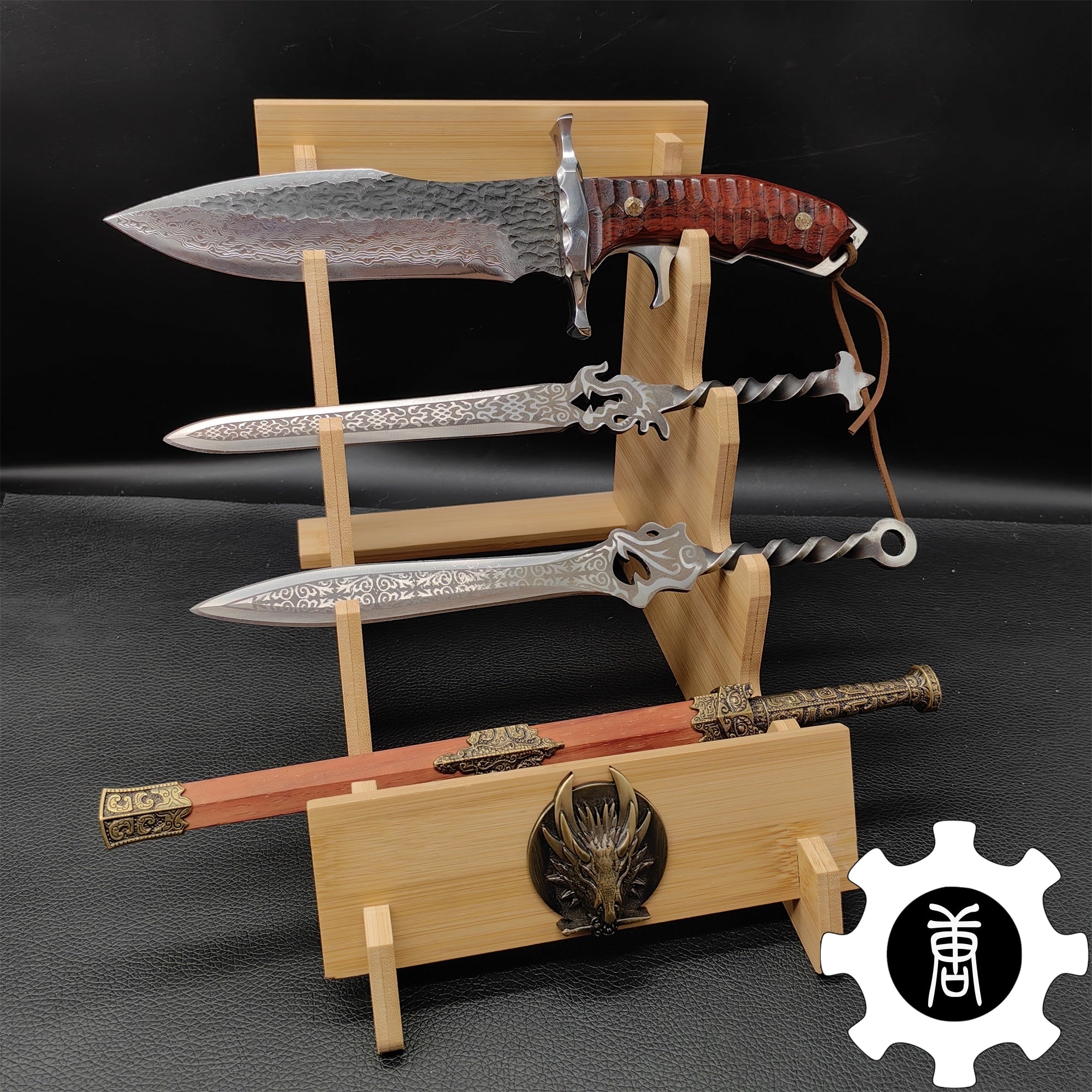 Dragon Head 4-Layer Wooden Holder Dagger Short Sword Display Stand
