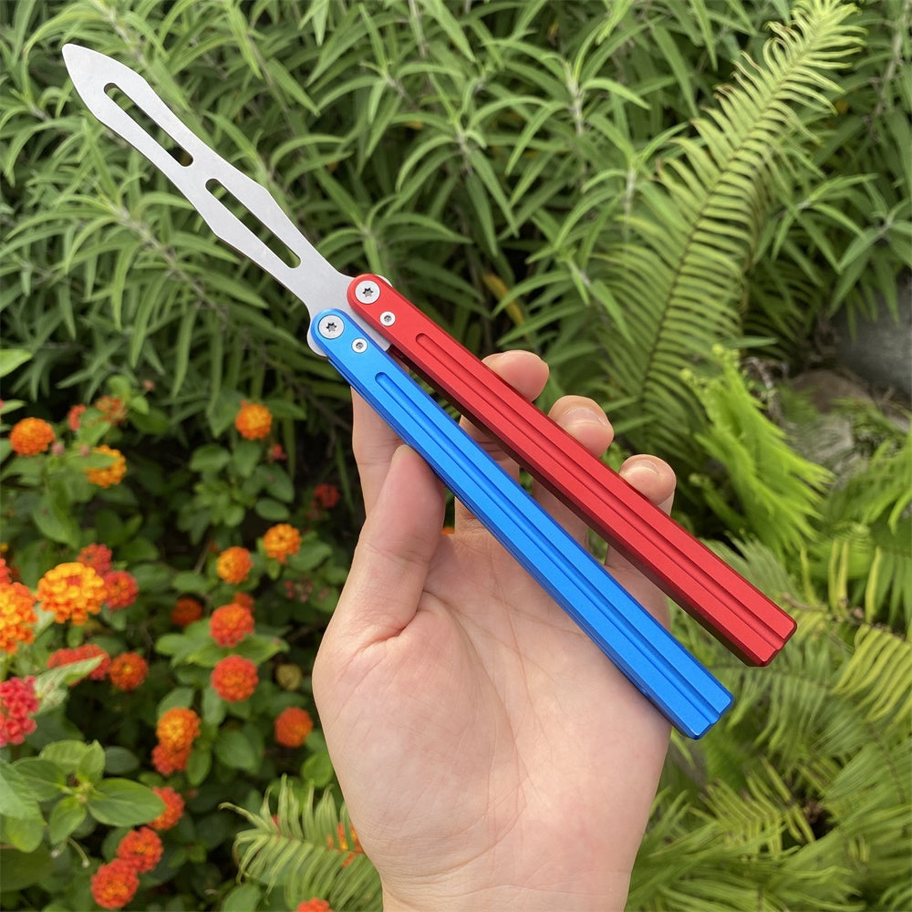 CNC Cutting High-End Sword Head Butterfly Knife Balisong Trainer With Red Blue Color Aluminum Alloy Handle